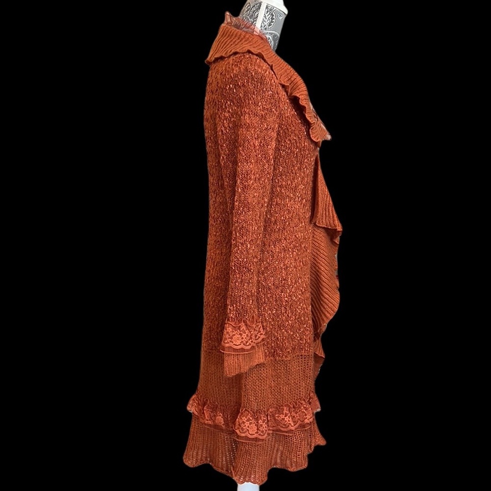 Jamie Gries burnt orange  boho sweater cardigan lace & ruffle trim size small - Picture 4 of 13
